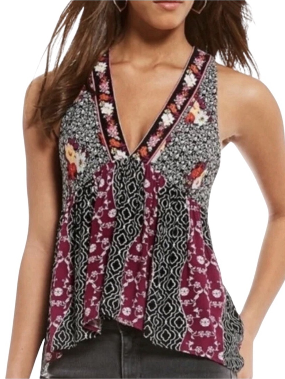 Free People Dream Darlin Floral Mixed Print Boho Tank Top Black Combo L
